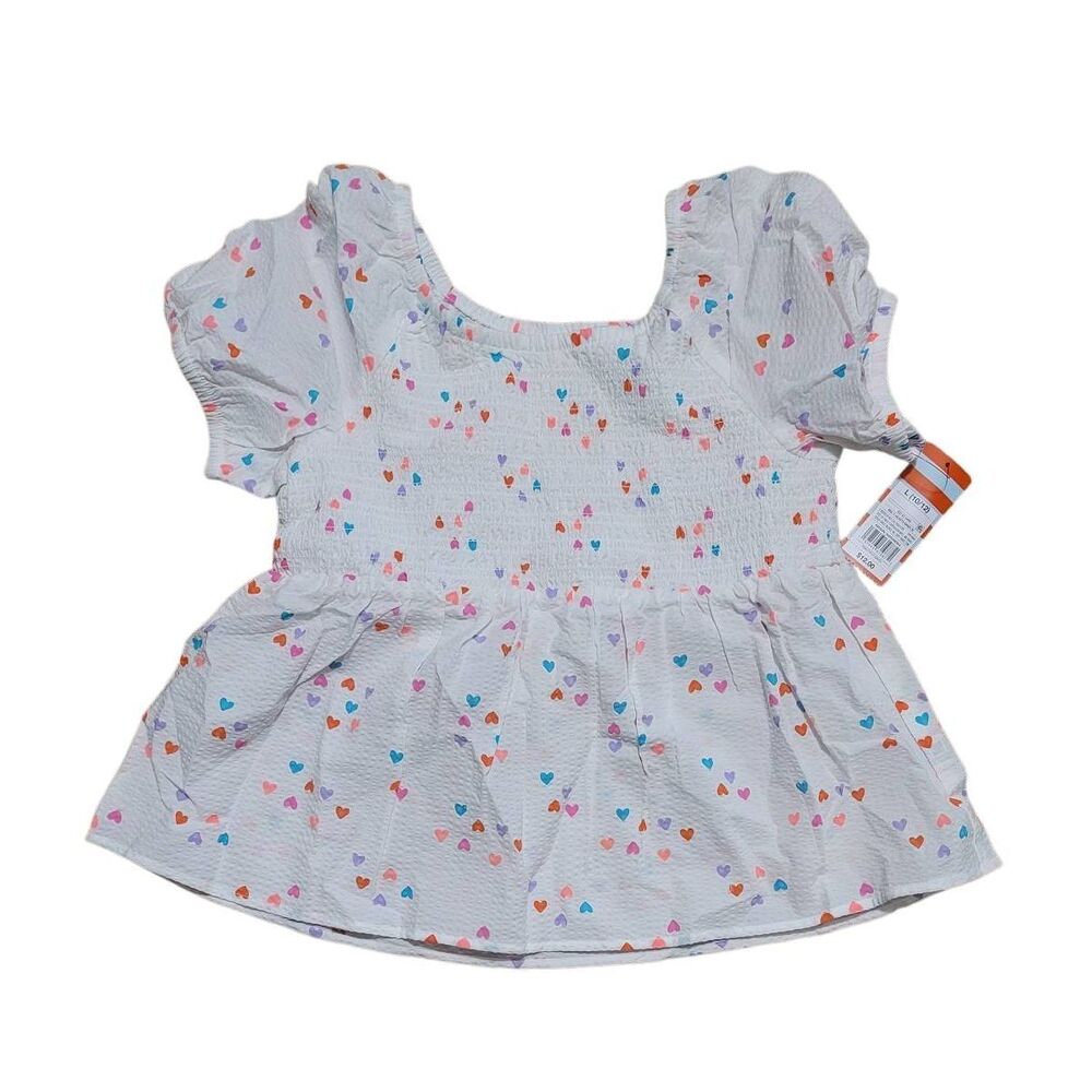 Cat & Jack Girls White Peasant Style Blouse With Colored Hearts. Size L 10/12